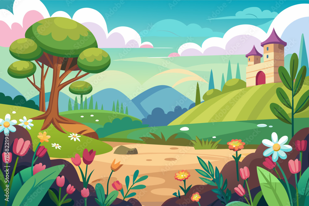 Charming landscape cartoon featuring a backdrop adorned with vibrant flowers.