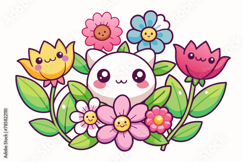 Charming kawaii character with flowers adorning its white background.