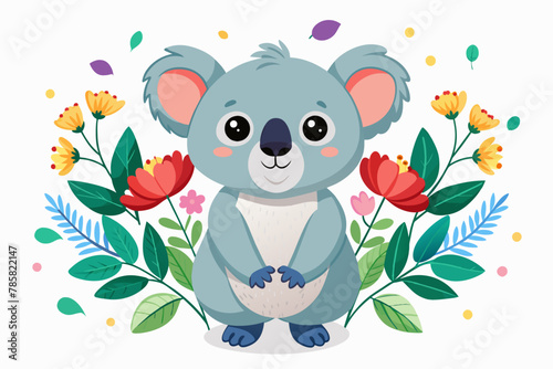 The charming koala poses with flowers on a white background  exuding a gentle and adorable aura.