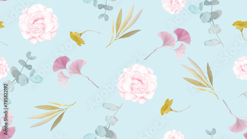 Seamless pattern of Jasminum sambac flowers and leaves with pink and blue on blue background © momosama