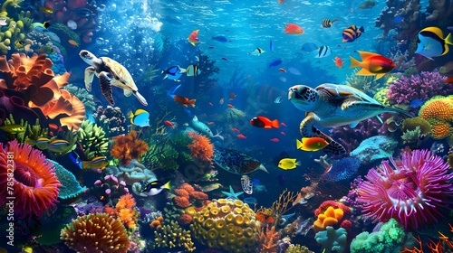 vibrant coral reef teeming with colorful fish, anemones and sea turtles in full color with bright, vivid colors. The image is highly detailed and ultra realistic in the style of a coral reef scene