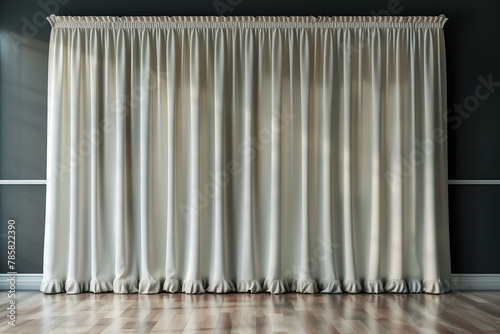 luxury white curtain backdrop with wooden floor and black wall background, white and lighten color	 photo