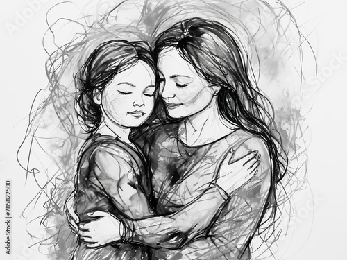 Black and white portrait of mother and daughter, crayon drawing style
