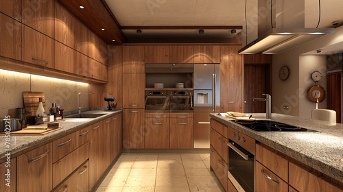 Fototapeta Naklejka Na Ścianę i Meble -  minimalits kitchen with wood cabinets, Modern scandinavian kitchen design , 3d rendering. ai generative