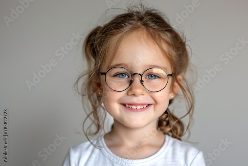 A child smiles with glasses on a plain background. Children's vision and eye health concept