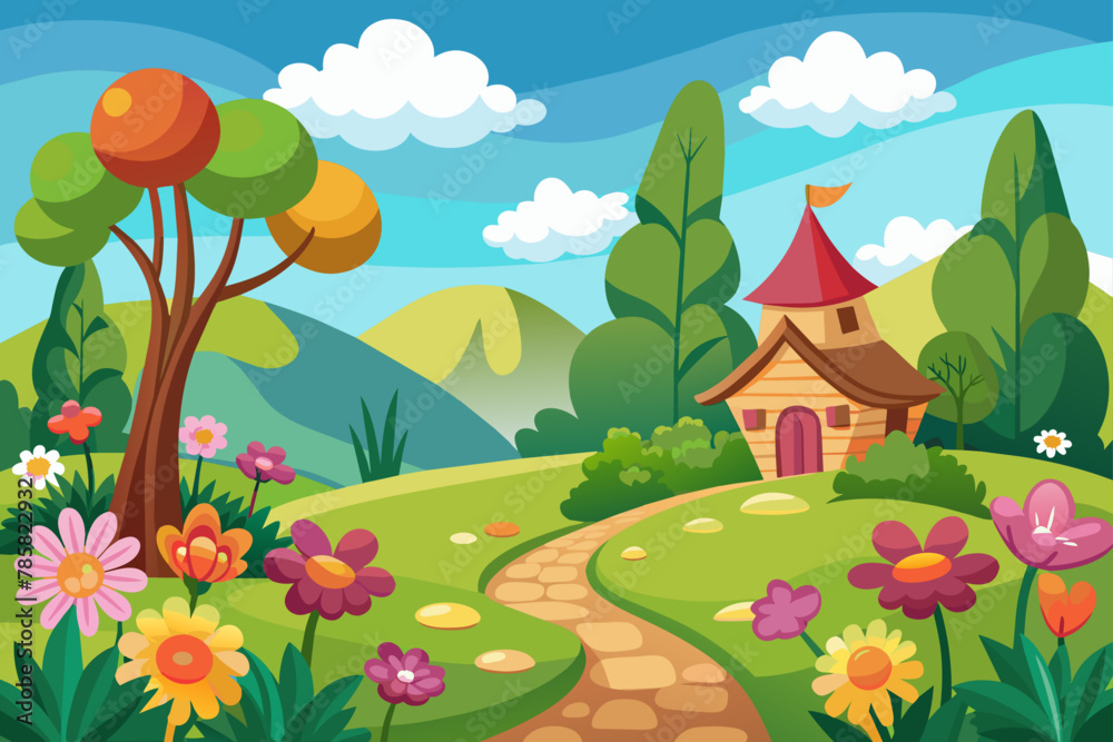 Charming landscape cartoon with blooming flowers in the background.