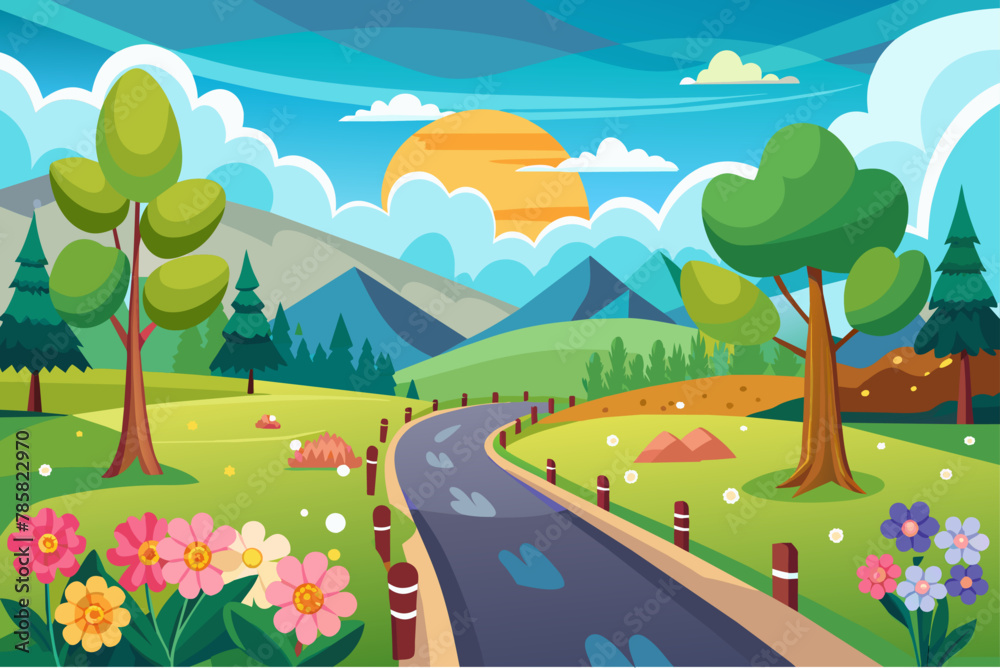 Charming cartoon landscapes with colorful flowers in the background.