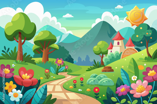 A charming landscape cartoon scene with flowers blooming on a vibrant backdrop.