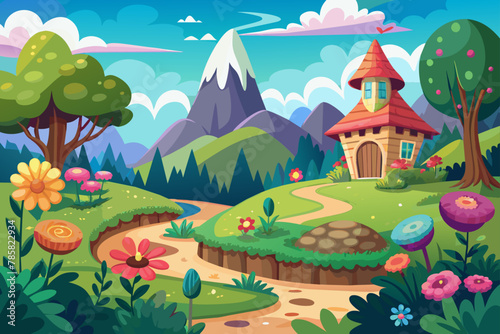 Charming cartoon landscape with colorful flowers blooming in the background