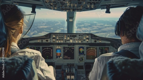A pilot and copilot in the cockpit of an airplane looking out the window at a beautiful landscape below. A small sign on the dashboard reminds them to refuel with biofuel for cleaner . photo