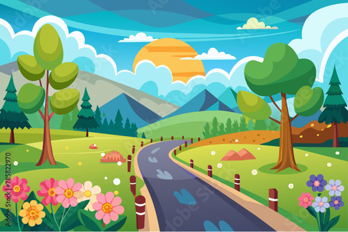 Charming cartoon landscapes with colorful flowers in the background.