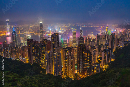 Fototapeta Naklejka Na Ścianę i Meble -  Hong Kong Victoria's Peak viewpoint Vibrant Cityscape at Night with Illuminated Skyscrapers