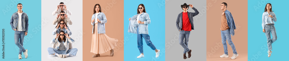 Collage of stylish young people in denim clothes on color background Collage of stylish young people in denim clothes on color background