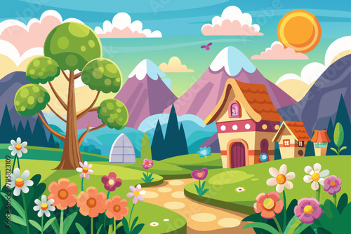Charming cartoon landscapes with colorful flowers adorning the background.