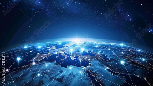 Starry global network over Europe and Africa - Stars and connected lines hover above a night-time view of Europe and Africa, symbolizing global communication networks
