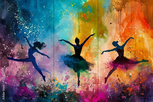 energetic ballet dancers in colorful paint splashes triptych illustration