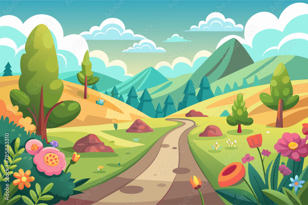 Charming cartoon road amidst a picturesque landscape adorned with blooming flowers.