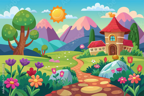 Enchanting cartoon landscapes bloom with vibrant flowers in a whimsical display.