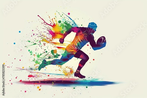 energetic rugby player in colorful splash silhouette dynamic sports banner digital illustration