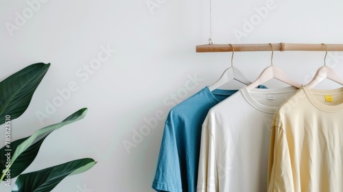 clothes on hangers against a plain white background, with three t-shirts of different colors, highlighting eco-friendly fashion and environment awareness 