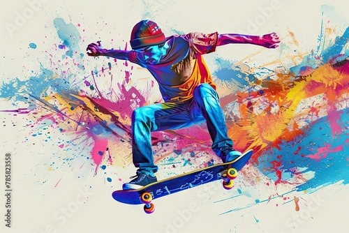 energetic skateboarder in motion colorful splash painting style urban sports illustration