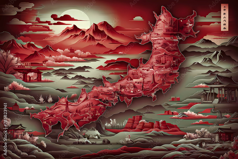 an artistic interpretation of a map of Japan, showing a landscape with ...