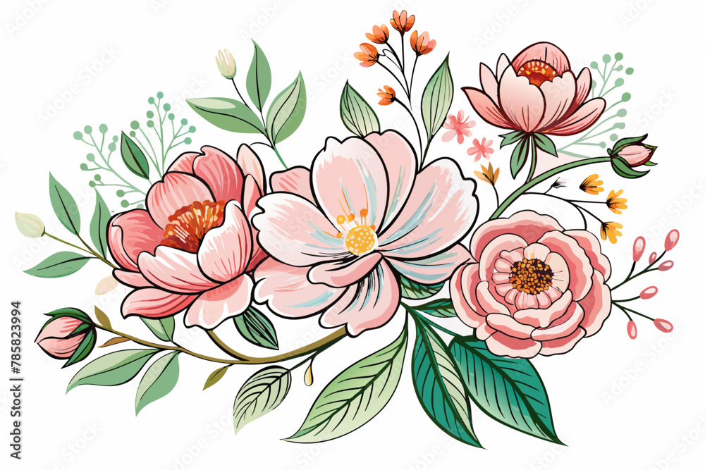 Line art drawing of charming flowers on a white background. Line art drawing of charming flowers on a white background.