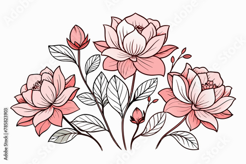 Lineart illustration of a charming flower arrangement with delicate petals and intricate details on a white background.