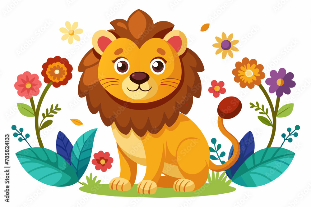 Charming lion cartoon with colorful flowers on a white background. Charming lion cartoon with colorful flowers on a white background.