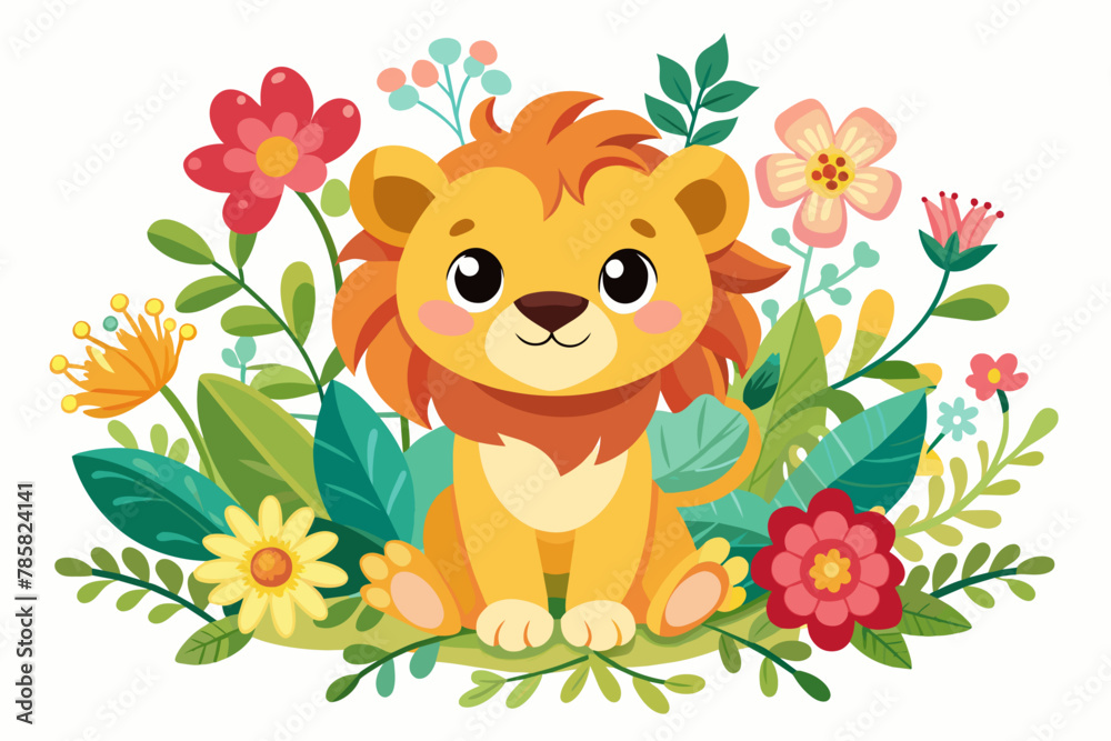 Charming lion cartoon with colorful flowers on a white background. Charming lion cartoon with colorful flowers on a white background.