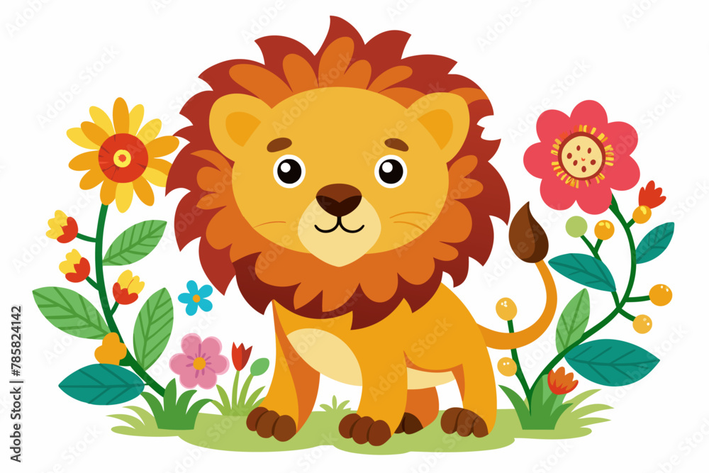 Charming lion cartoon with flowers on a white background Charming lion cartoon with flowers on a white background
