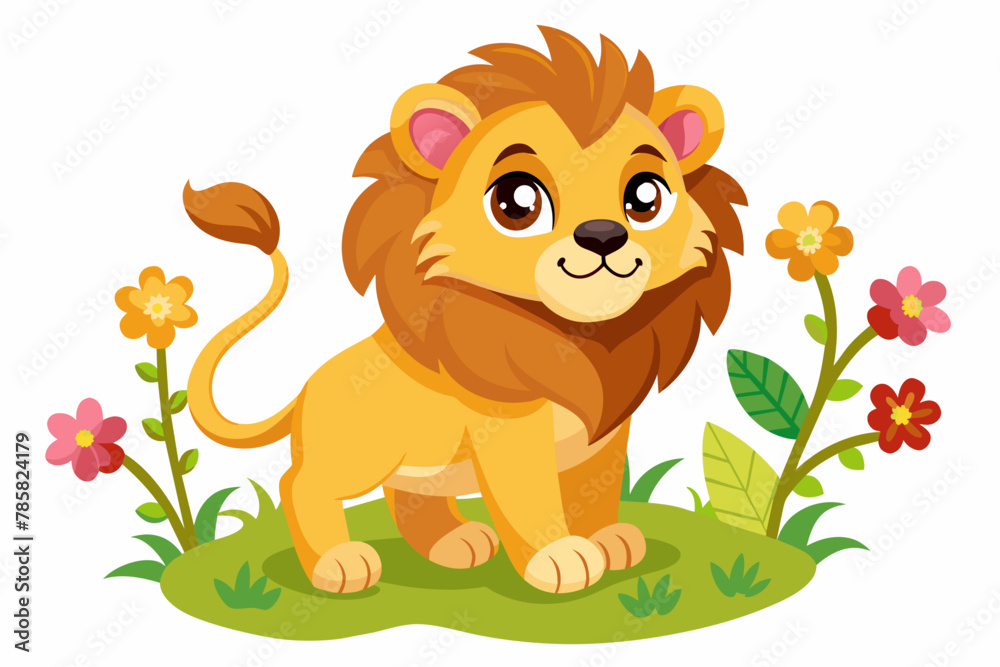 Charming lion cartoon holds a bouquet of flowers on a white background. Charming lion cartoon holds a bouquet of flowers on a white background.