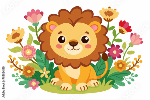 A charming lion cartoon holds a bouquet of flowers against a white background.