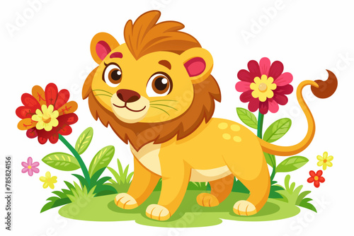 Charming lion cartoon with colorful flowers on a white background.