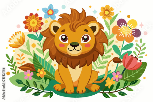 A charming lion cartoon character holds a bouquet of flowers against a white background.