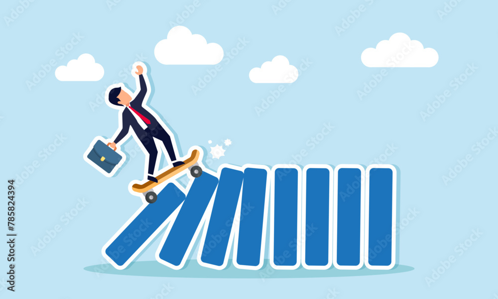 New disruptive innovation causing business upheaval, transforming and challenging existing competitors, concept of Innovative businessman swiftly skateboards, toppling all dominos in a cascade New disruptive innovation causing business upheaval, transforming and challenging existing competitors, concept of Innovative businessman swiftly skateboards, toppling all dominos in a cascade