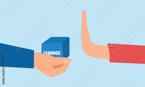 Fear of change, reluctance to leave comfort zone, resistance to risk or decision making, concept of Businessman's hand rejecting change or refusing to accept the transformation