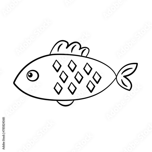 Fish contour outline drawing isolated cutout black and white vector clipart illustration. Underwater doodles line art design element. Sea life nature pictogram, icon or logo