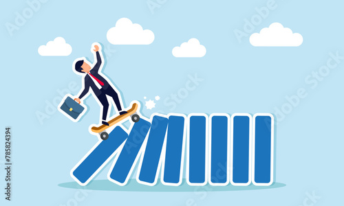 New disruptive innovation causing business upheaval, transforming and challenging existing competitors, concept of Innovative businessman swiftly skateboards, toppling all dominos in a cascade