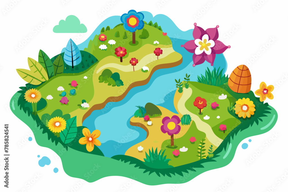 Fototapeta premium A charming map cartoon adorned with colorful flowers blooms on a pure white background.