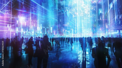 Futuristic digital cityscape with binary code rain - This image showcases a vibrant digital city manifestation with silhouettes and binary code suggesting futuristic concepts