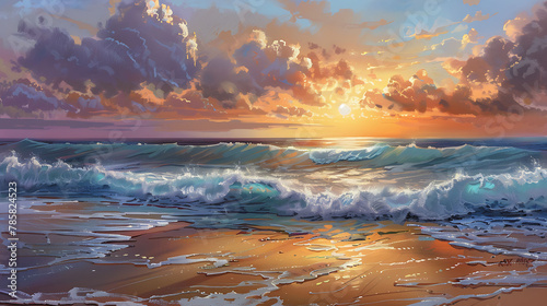 a painting of a sunset over the ocean with waves crashing on the shore and clouds in the sky over the ocean and the beach area © YOGI C
