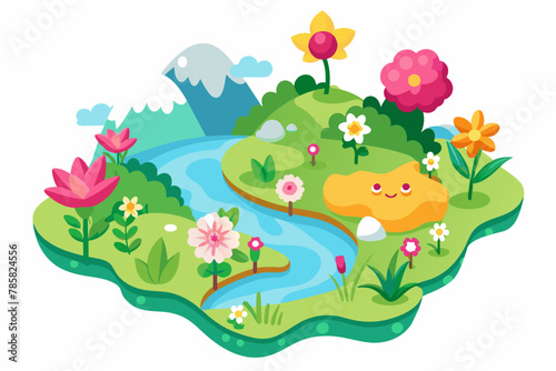 Charming cartoon map with colorful flowers blooming on a white background