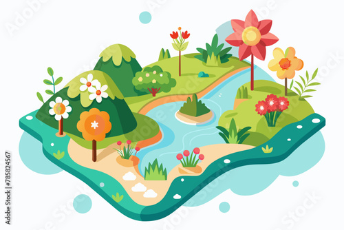 Charming cartoon map adorned with blooming flowers on a pristine white background.