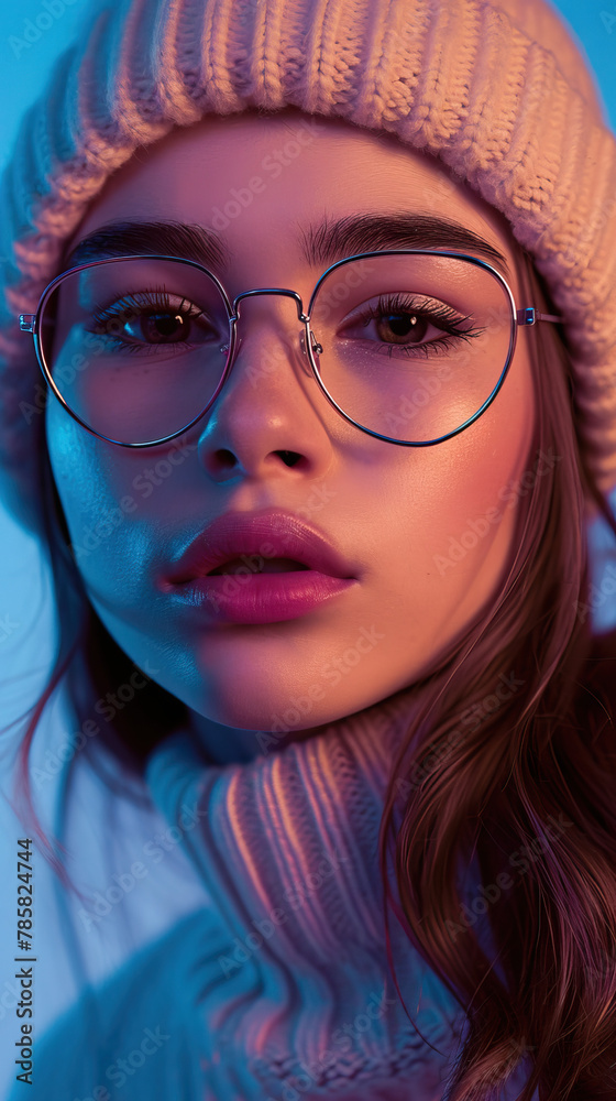 Fototapeta premium Close-up Portrait of Girl wearing Woolen Hat and Horn-rimmed Eyeglasses, Looking at Camera, Studio Shot on White Background