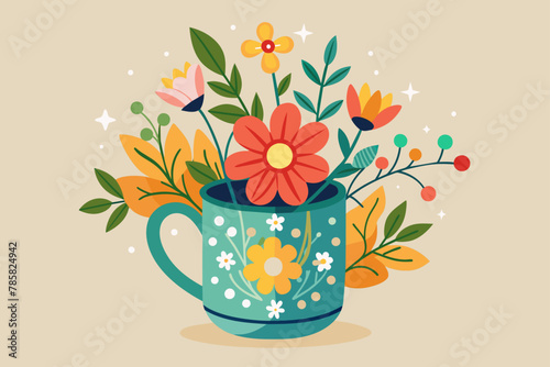 Charming mug with delicate floral designs adorns a pure white background, exuding a sense of elegance and tranquility.