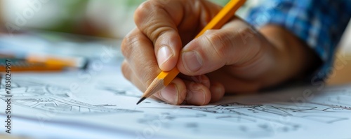 A person holding a pencil and drawing on a piece of paper. photo