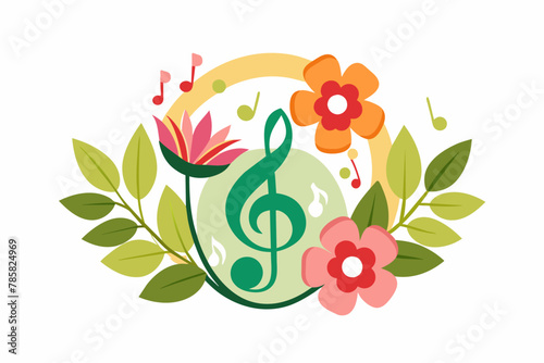 Charming music logo adorned with delicate flowers on a pristine white background.