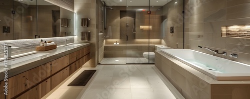 Luxurious Minimalist Bathroom with Serene Spa Like Atmosphere Showcasing Double Vanity Freestanding Tub and Walk In Shower