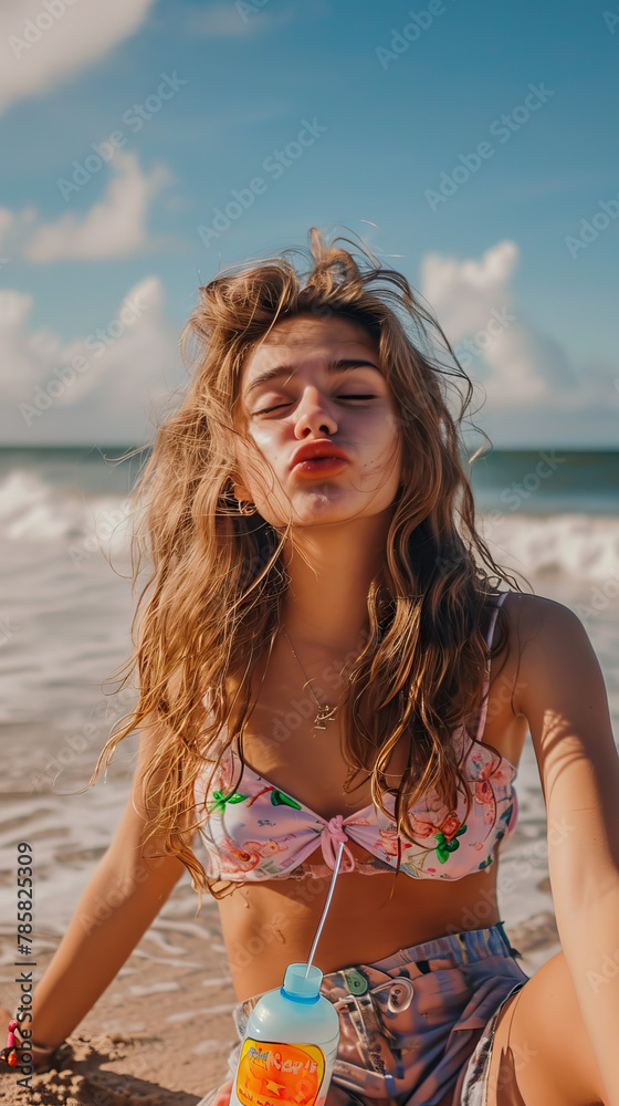 Naklejka premium Playful woman with water bottle sitting and making face at beach